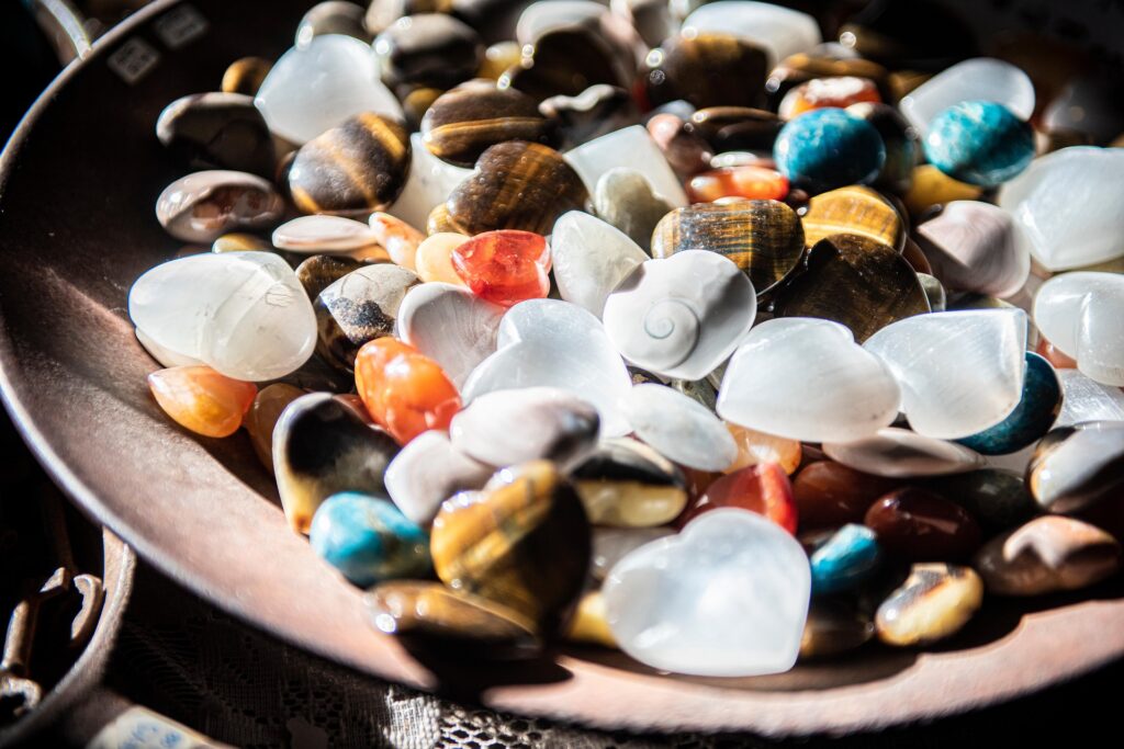 tumbled mineral stones in a bowl