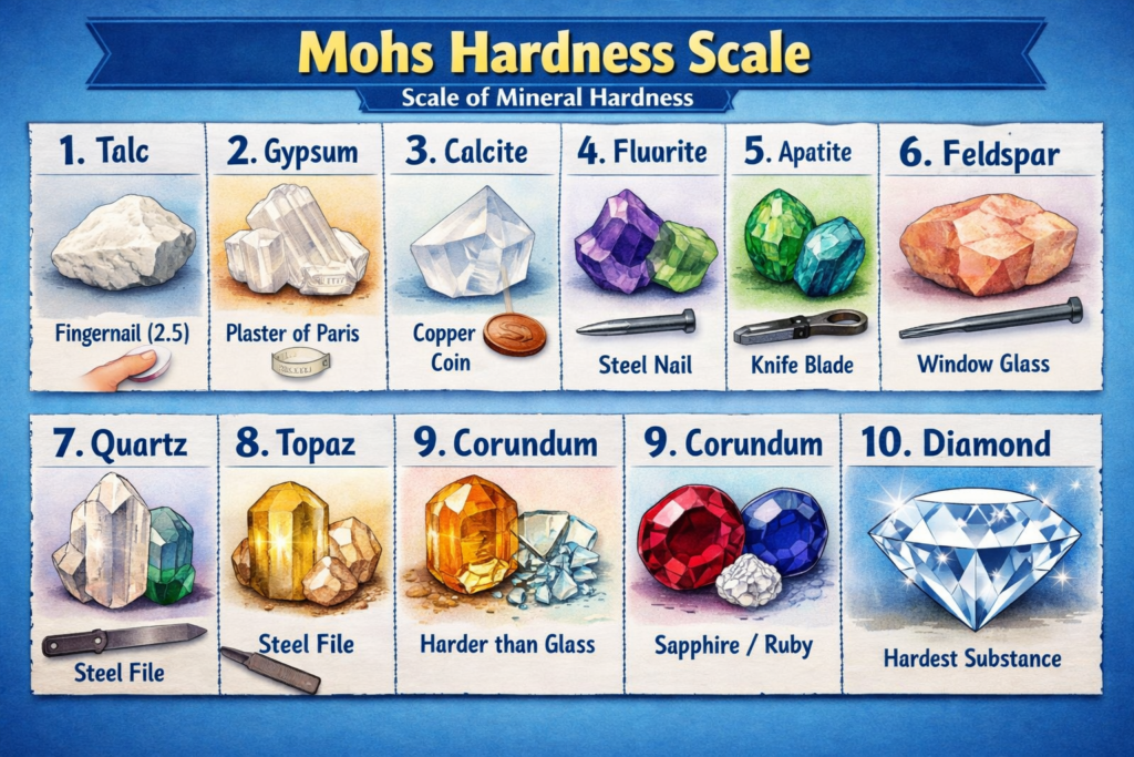 Mohs hardness scale mineral chart.